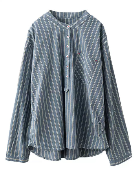 Women Vintage Spring Stripe Cotton V-Neck Shirt