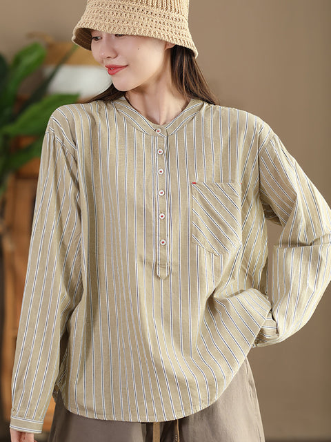 Women Vintage Spring Stripe Cotton V-Neck Shirt