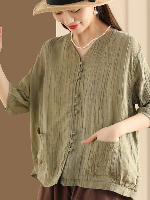 Women Spring Vintage Pure Color V-Neck Linen Shirt