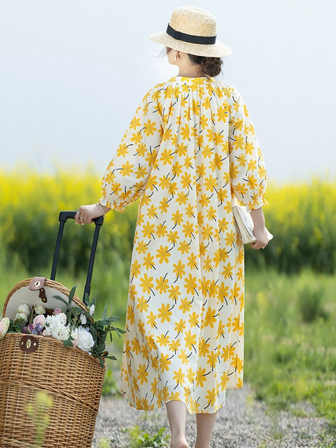 Vestido solto com gola alta e flores vintage para mulheres