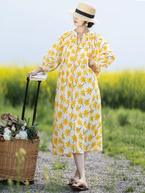 Vestido solto com gola alta e flores vintage para mulheres