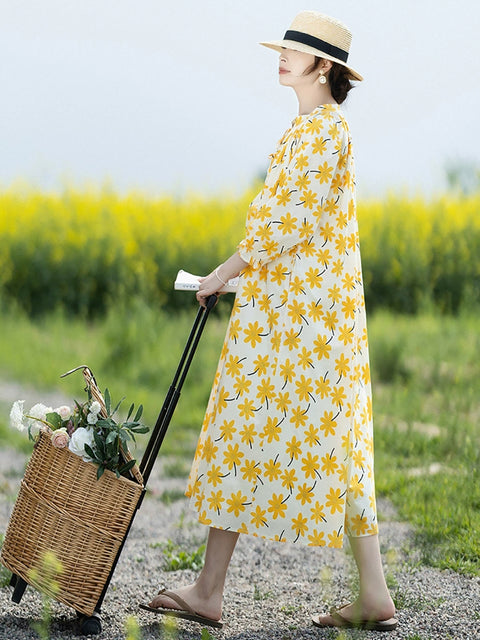 Vestido solto com gola alta e flores vintage para mulheres