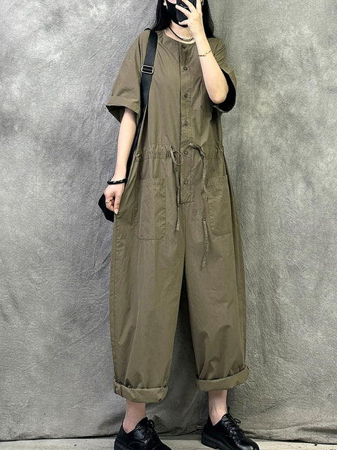 Women Summer Vintage Pure Color Loose Jumpsuits