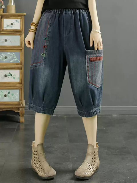 Women Retro Patch Spliced Denim Harem Middle  Pants