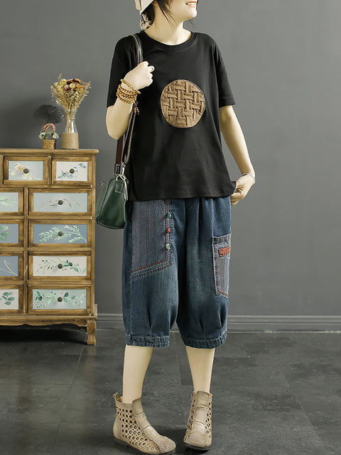 Women Retro Patch Spliced Denim Harem Middle  Pants