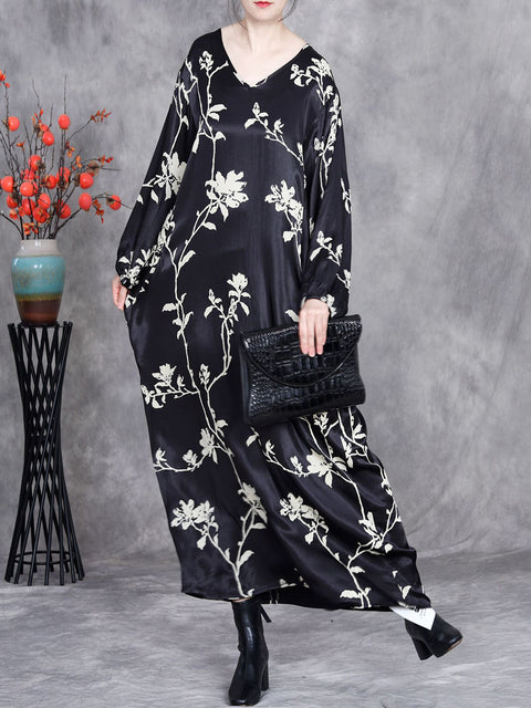 Women Spring Artsy V-Neck Flower Maxi Dress