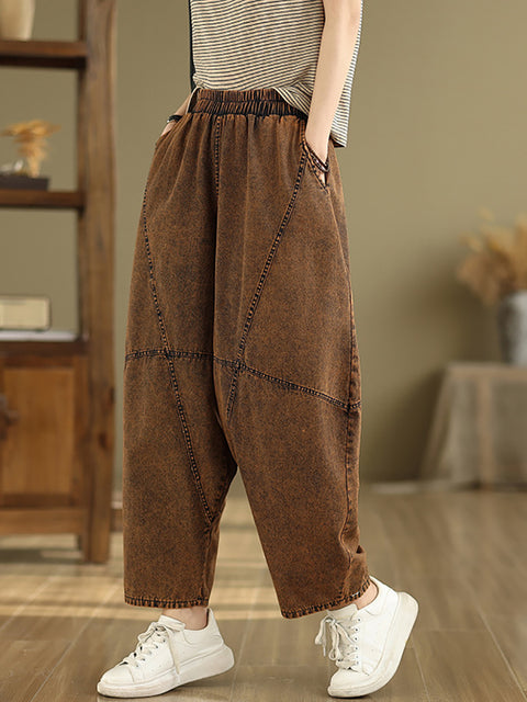 Women Casual Pure Color Denim Spliced Harem Pants