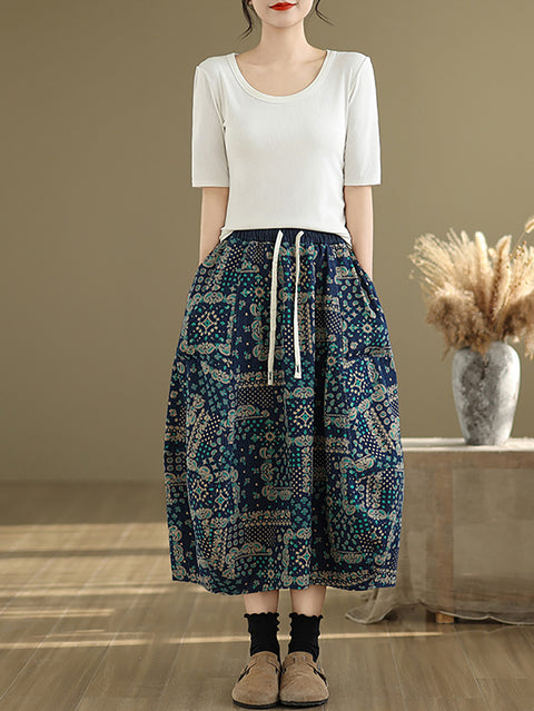 Women Spring Ethnic Flower A-Shape Denim Skirt