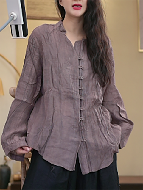 Camisa feminina primavera gola redonda botão franzido rami