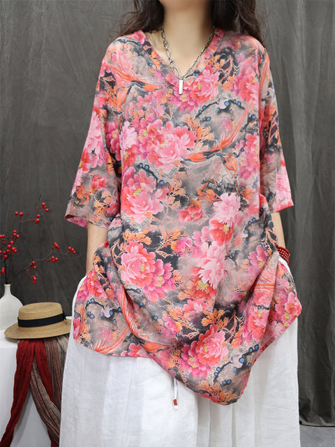 Camisa feminina primavera vintage com decote em V 100% rami