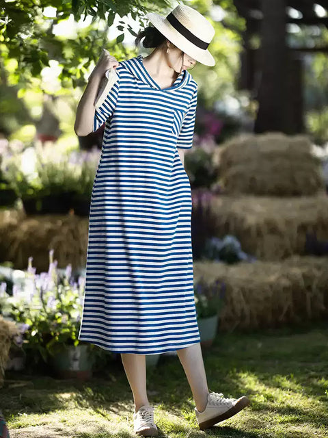 Women Summer Casual Stripe Hooded Loose Dress