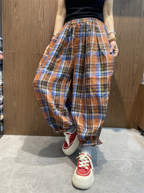 Women Vinage Spring Plaid Loose Harem Pants