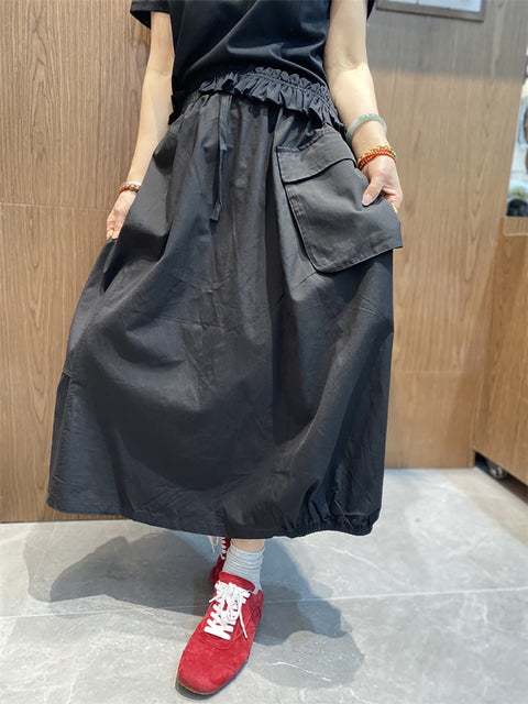 Women Spring Casual Pure Color Pocket A-Shape Skirt