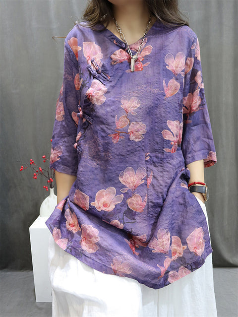 Camisa feminina primavera vintage com decote em V 100% rami