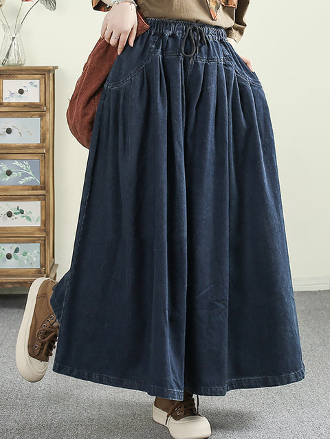 Women Spring Casual Pure Color Denim Wide-leg Pants