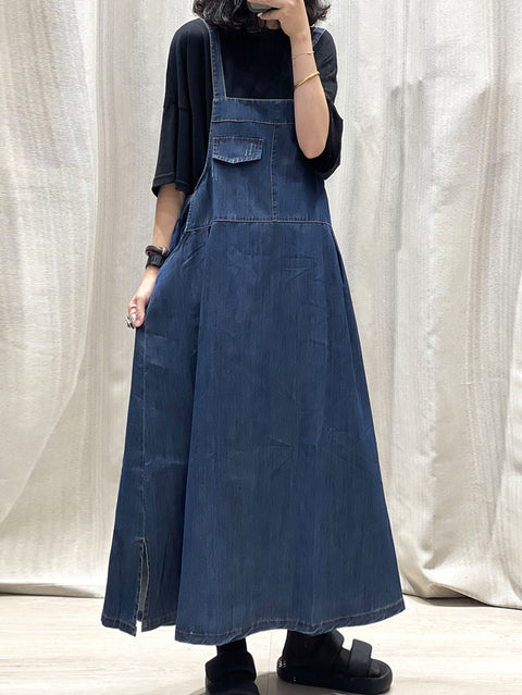 Women Spring Pure Color Denim Maxi Suspender Dress