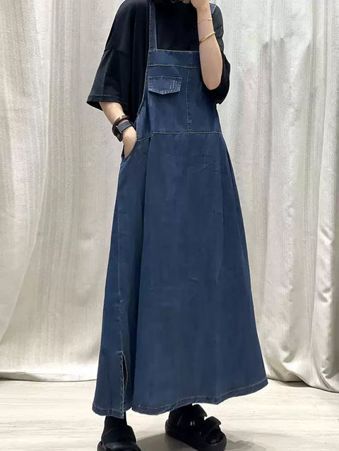 Vestido longo suspensório jeans de cor pura primavera feminino