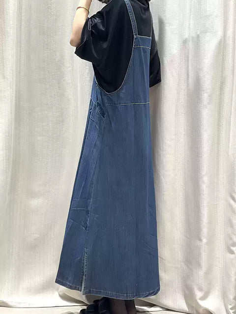 Vestido longo suspensório jeans de cor pura primavera feminino