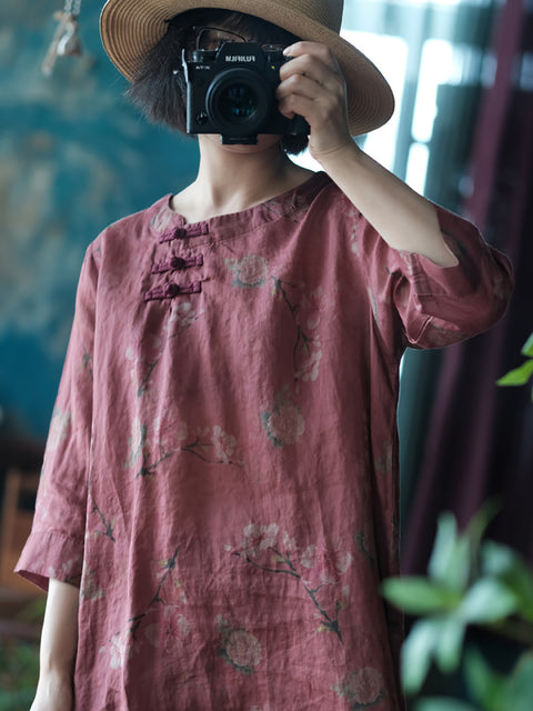 Vestido de camisa com botões de flores vintage feminino e gola redonda