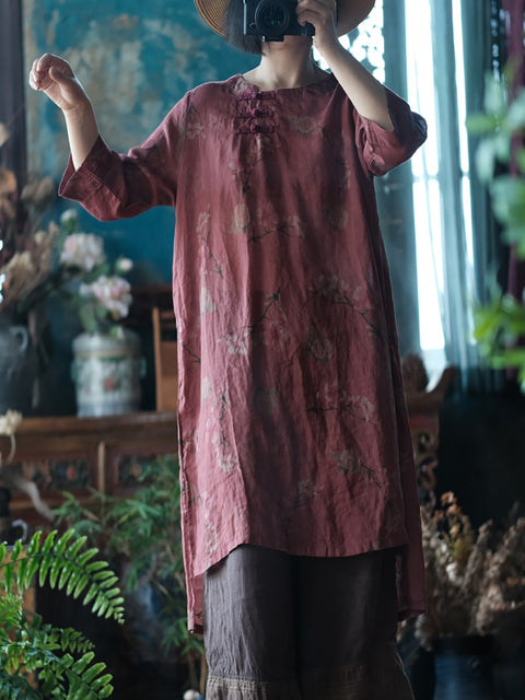 Vestido de camisa com botões de flores vintage feminino e gola redonda