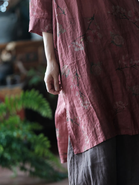 Vestido de camisa com botões de flores vintage feminino e gola redonda