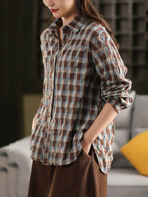 Women Artsy Plaid Turn-down Collar 100%Cotton Shirt