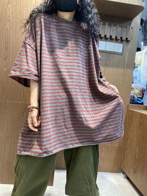 Women Summer Artsy Stripe O-Neck Cotton Loose Shirt