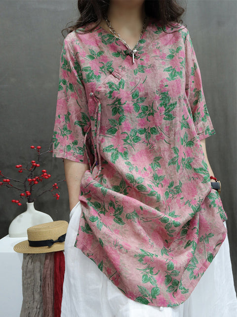 Women Spring Vintage Flower V-Neck 100%Ramie Shirt