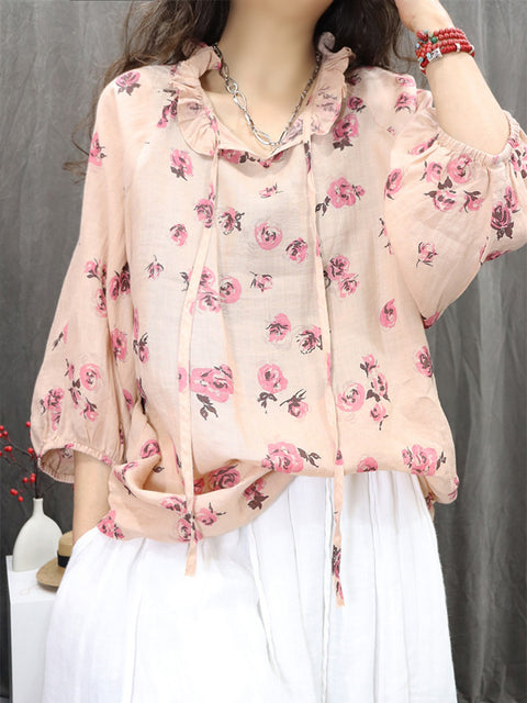 Women Artsy Flower Lace Collar 100%Ramie Shirt