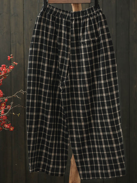 Women Spring Plaid Loose Cotton Harem Pants