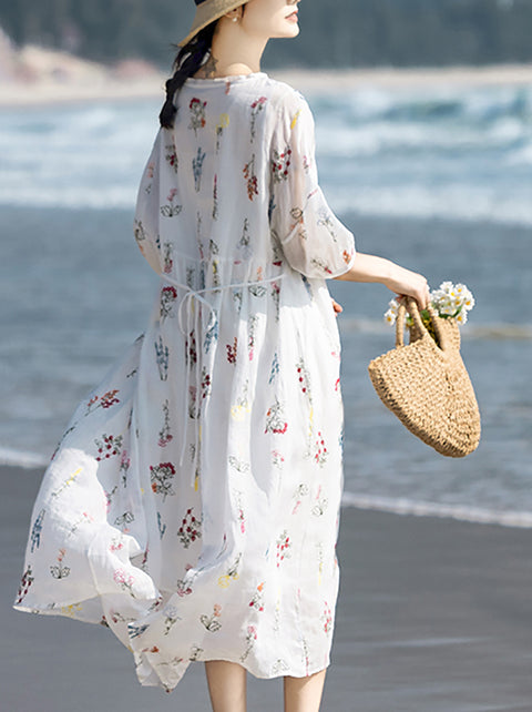 Vestido feminino bordado com flores da primavera Artsy 100% Ramie