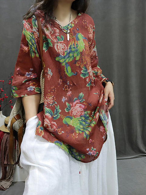 Camisa feminina primavera artsy flor gola v 100% rami