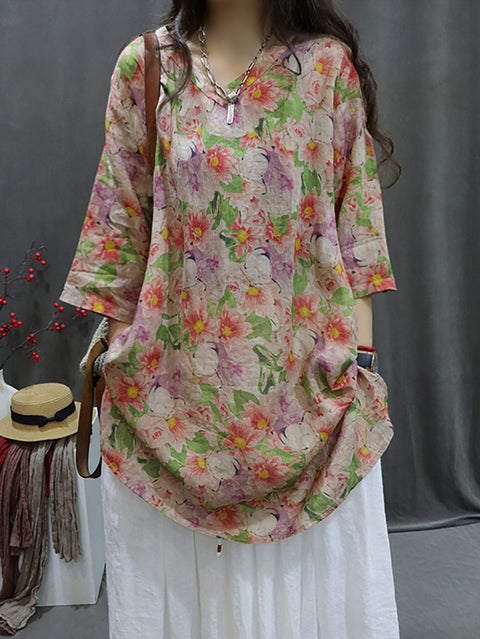 Camisa feminina primavera artsy flor gola v 100% rami