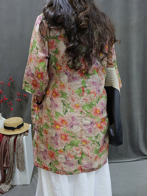 Camisa feminina primavera artsy flor gola v 100% rami