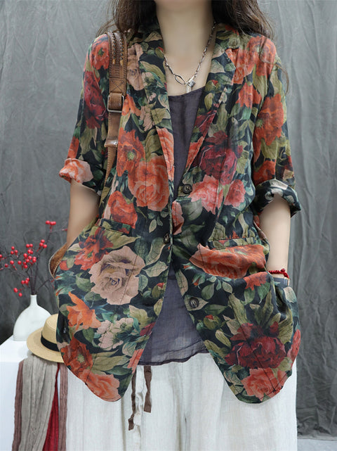 Camisa feminina Artsy Spring Flower Lapel 100% Ramie