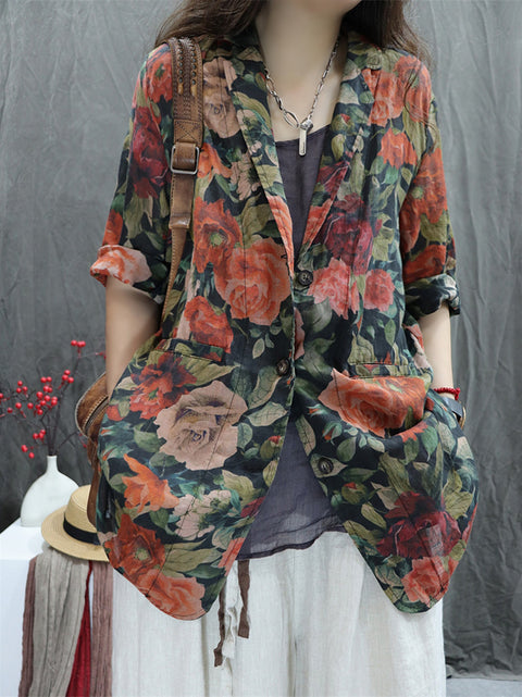 Camisa feminina Artsy Spring Flower Lapel 100% Ramie