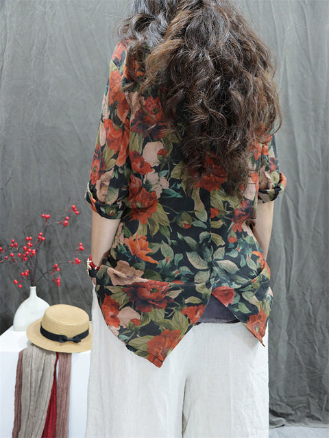 Camisa feminina Artsy Spring Flower Lapel 100% Ramie