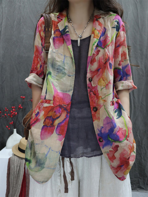 Camisa feminina Artsy Spring Flower Lapel 100% Ramie