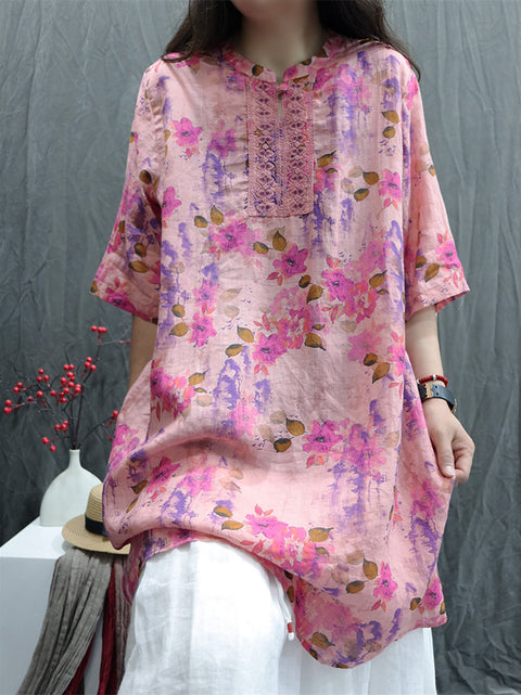 Camisa feminina Artsy Flower Stand Collar 100% Ramie