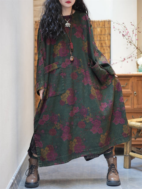 Vestido longo feminino primavera retrô com decote em O e flores