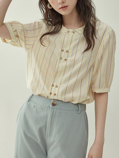 Women Summer Stripe Cotton O-Neck Shirt