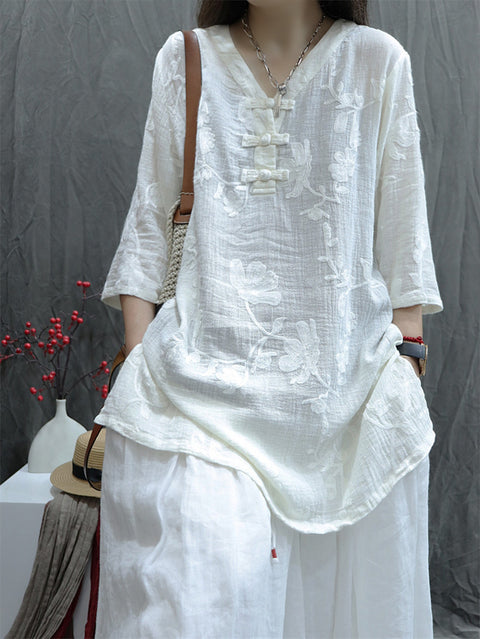 Women Retro Flower Jacquard V-Neck Cotton Linen Shirt