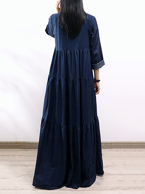 Women Spring O-Neck Denim Tiered Maxi Dress