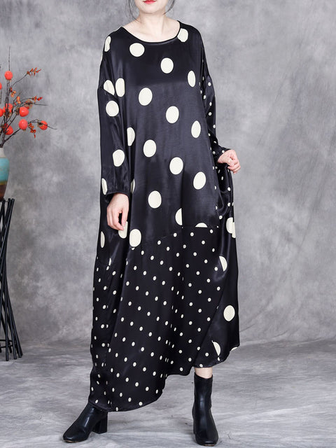 Women Spring Vintage Dot Spliced Loose Dress