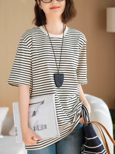 Women Summer Casual Stripe Cotton O-Neck Shirt