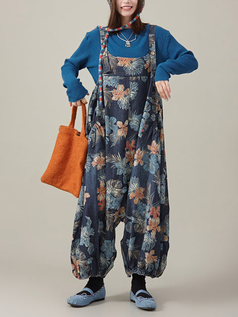 Women Summer Artsy Flower Denim Harem Jumpsuits