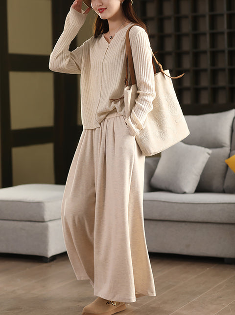 Women Spring Casual Pure Color Cotton Wide-leg Pants