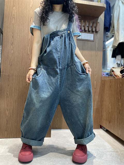 Women Summer Vintage Pure Color Denim Loose Jumpsuits