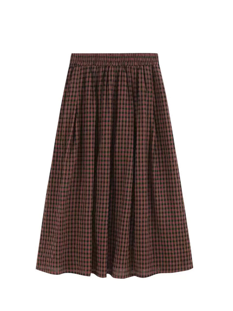 Women Summer Retro Plaid Loose 100%Cotton Skirt