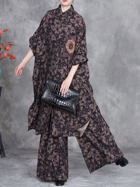 Women Spring Vintage Flower Spliced Loose Suits